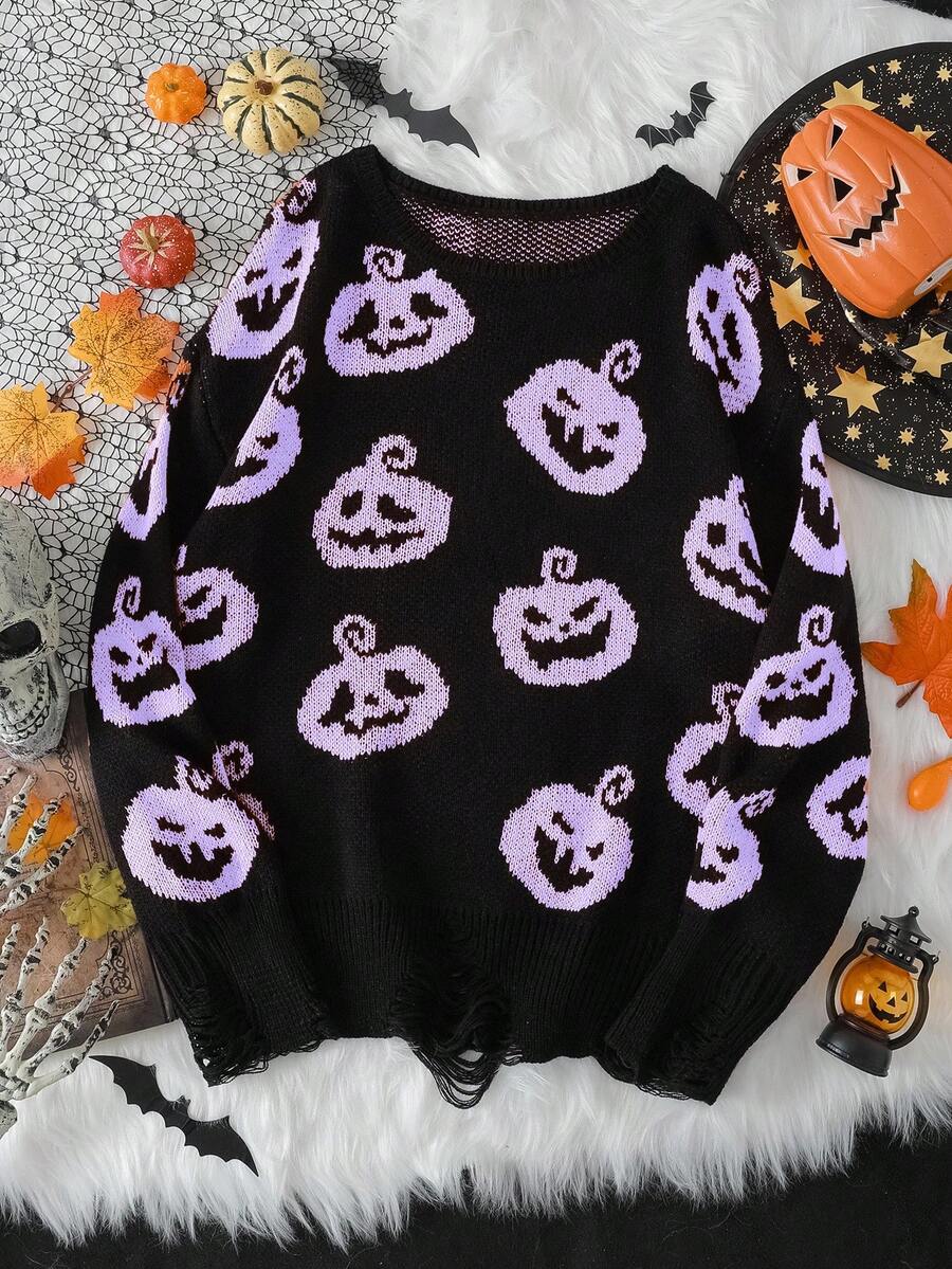 Lunelith SHEIN Lunessa Funny Ghost & Pumpkin Jacquard Knit Crew Neck Casual Pullover Sweater For Halloween