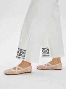 Styleloop 杏色网眼编织舒适简约透气松紧带女士平底鞋，优雅度假风，波西米亚风情，适合万圣节、圣诞节、秋季 - 杏色 - 查看 7