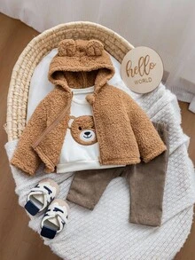 3 件套新生女婴可爱百搭运动衫、毛绒夹克和裤子套装，秋冬 - 彩色 - 查看 8