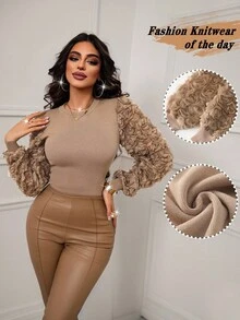 Xyvia Áo len trơn cổ tròn họa tiết hoa chắp vá thanh lịch dành cho nữ - Màu Khaki - Xem 7