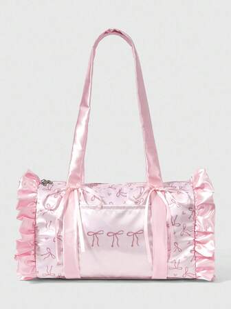 Kawaii Women's Vintage Cute Pink Ruffle Trim Commuter Versatile Large Capacity Satin Bow Shoulder Handbag