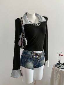 Sweetra 1 件女式条纹拼接不对称下摆紧身长袖 T 恤，二合一衬衫领，时尚休闲街头风格，秋冬图案 T 恤女式春季上衣 - 黑與白 - 查看 5