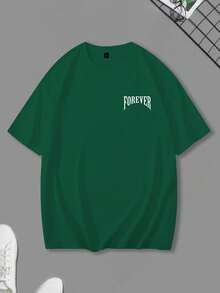 Manfinity LEGND 男士休闲天使标语印花T恤，夏季 - 墨綠色 - 查看 2