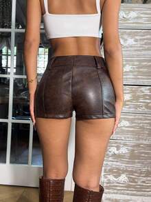 Ronhire 女式纯色性感紧身短裤 - 棕色 - 查看 2