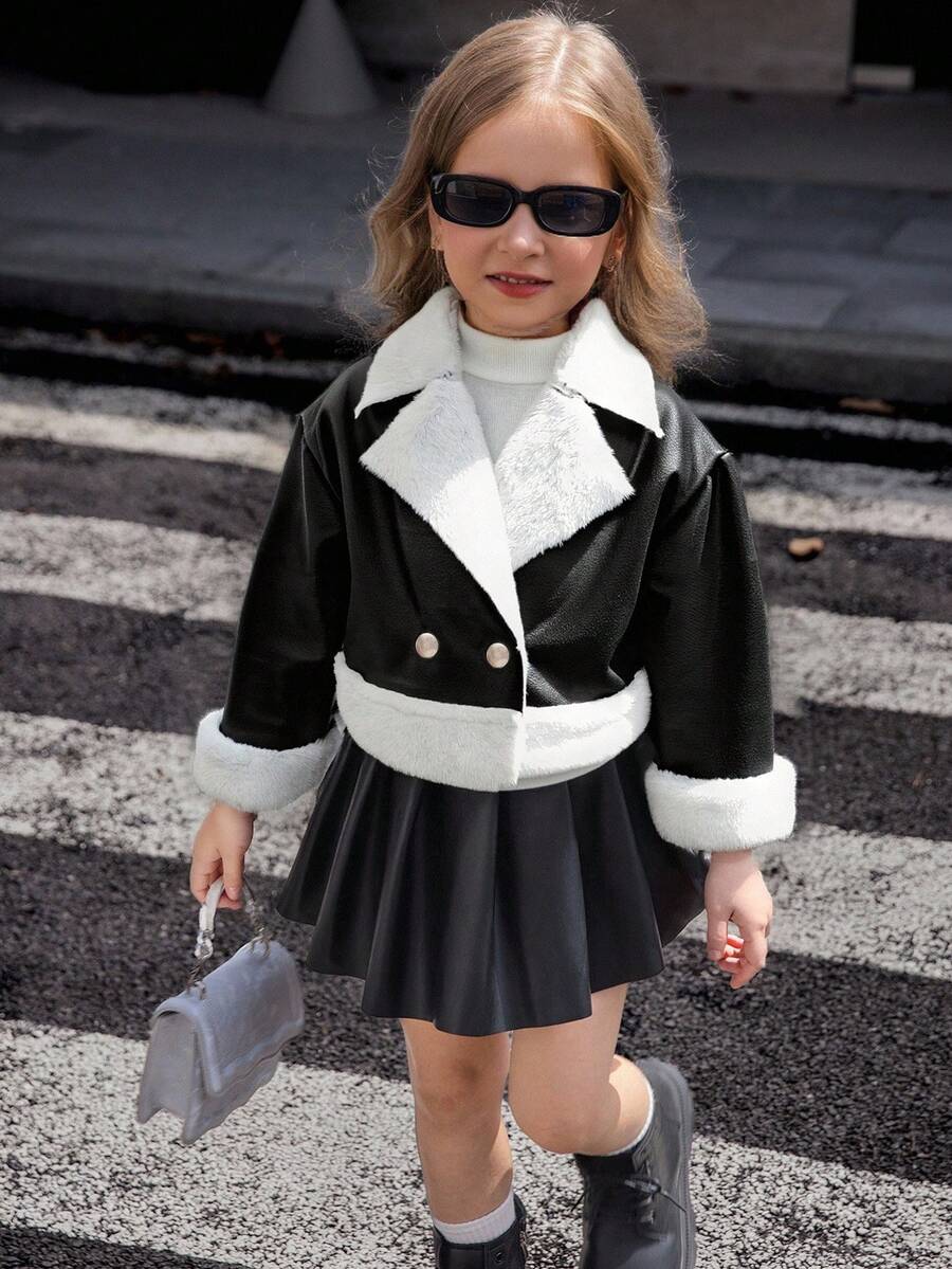 Elladie kids 年轻女孩黑色 PU 人造毛皮夹克，采用亮面 PU 皮革材质，蓬松的白色毛皮领口和袖口，双排扣开合，短款廓形，温暖时尚，适合秋冬休闲外出 - 黑色 - 查看 1