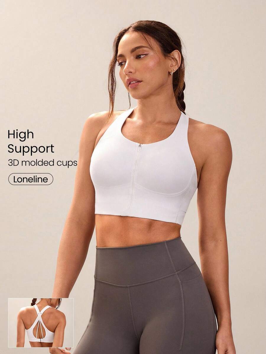 GLOWMODE Top Esportivo de Compressão Alta com Zíper Frontal, Copos de Espuma Moldada, Alças Cruzadas Nas Costas, Decote em U, Absorção de Suor, Impacto Médio, Ideal para Corrida, Jogging, Treino e Academia