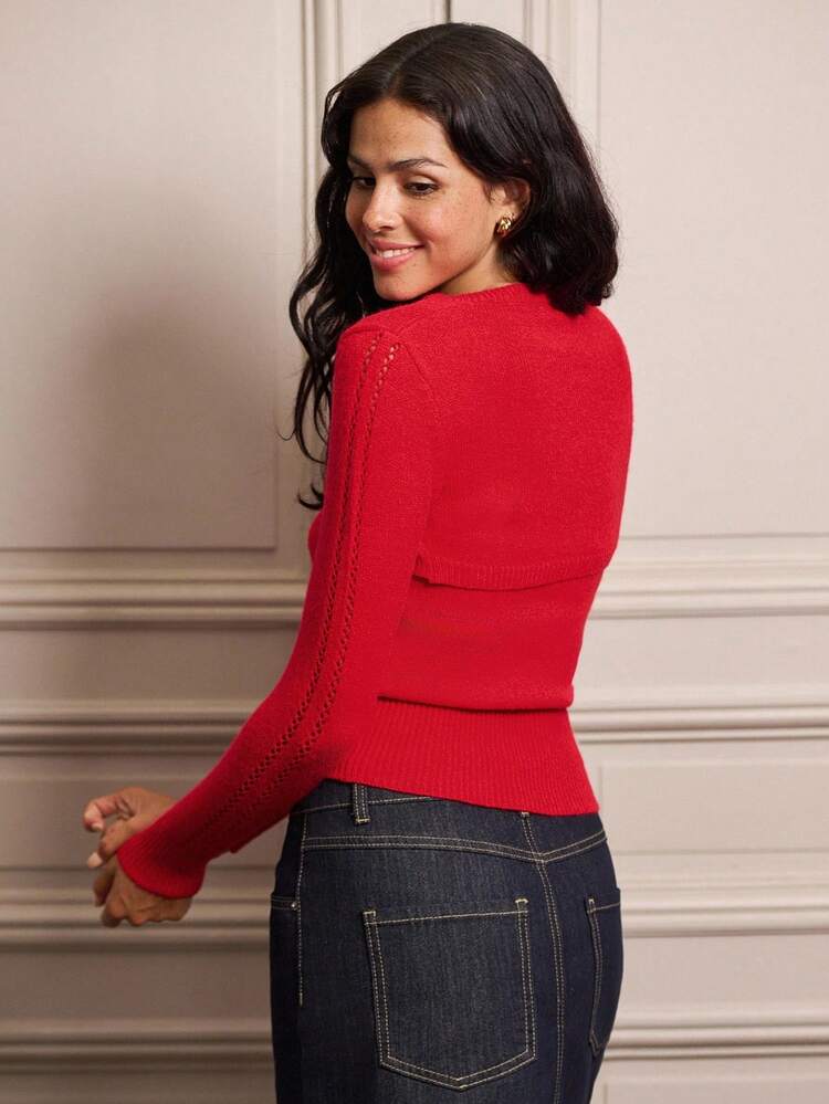2 pièces Top tricoté superposé rouge chic avec boléro à manches longues boutonnées, vêtements pour femmes en automne et hiver