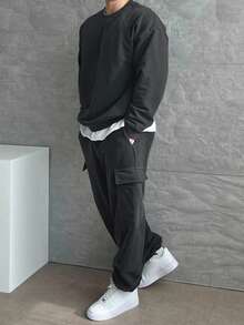 DAZY 男士加厚羊毛套衫和裤子套装，松紧腰带和大口袋，深灰色，秋冬舒适服装 - 灰色 - 查看 5