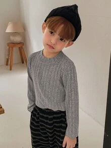 DAZY Kids Fall Clothes Young Boys Basic Turtleneck Long Sleeve T-Shirt, Casual Loose Fit Ribbed Texture, Japanese/Nature Style, Autumn - Grey - View 8