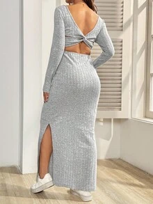 SHEIN Maternity Solid Color Twist Back Hollow Out Side Slit Hem Ribbed Fitted Casual Dress - Grey - View 8