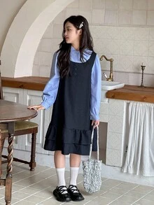 DAZY Set de rochie cu mânecă lungă și bretele, culoare solidă, pentru fete preadolescente, ținută la modă stradală pentru toamnă