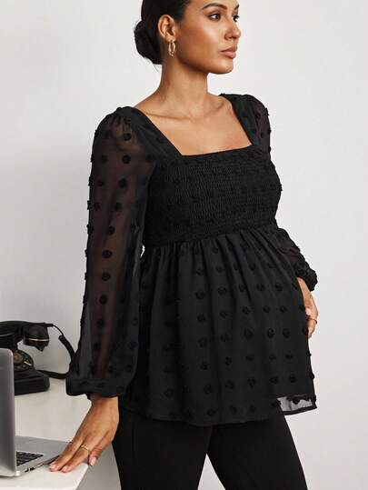 MaterniWear Office,Business Casual Woman,Fall Clothes,Autumn Clothes,Maternity Autumn Clothes Maternity Maternity Square Neck Lantern Sleeve Gathered Design Fashion Blouse Black Babydoll Top Square Neck Blouse Puff Sleeve Blouse Swiss Dot Blouse Maternity Blouse Black Swiss Dot Top Black Babydoll Blouse
