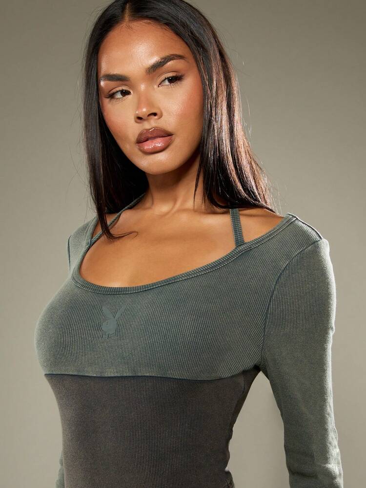Missguided x Playboy Ribbed Knit Bodysuit Long Sleeve Fashion One Piece Halter Neck Body Suit Form Fitting Fall Winter Casual Modern Basic Essential