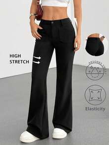 Flirla Petite 1 件女士黑色针织弹力面料低腰修身喇叭裤，通勤休闲装，春秋季 - 黑色 - 查看 1