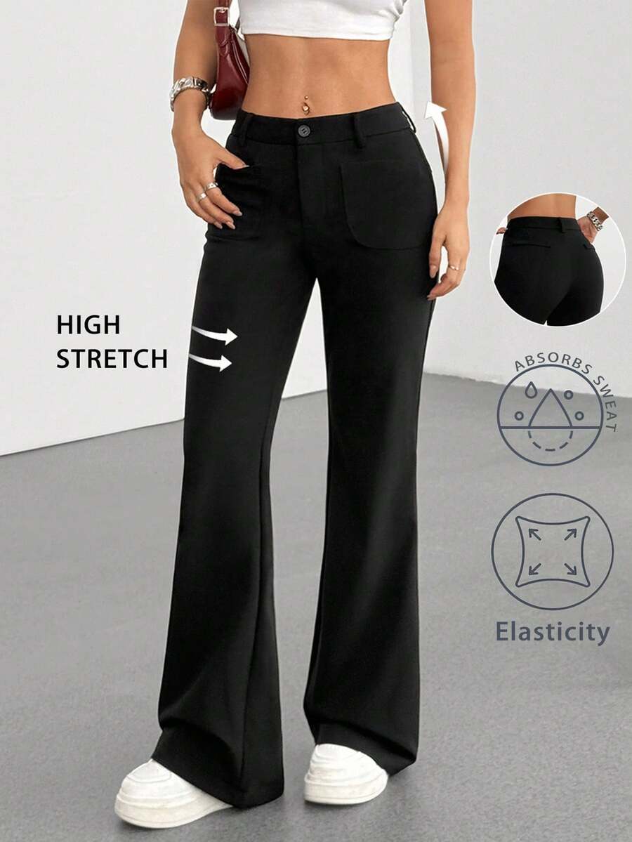 Flirla Petite 1 件女士黑色针织弹力面料低腰修身喇叭裤，通勤休闲装，春秋季 - 黑色 - 查看 1