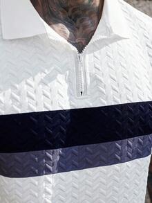 Manfinity Homme Men's Dual-Color Striped POLO Shirt And Pants Set,Navy And White,Summer,Casual,Vacation Quadrilateral Wheat Texture Fabric Ins-Style Autumn Outfits - Multicolor - View 6