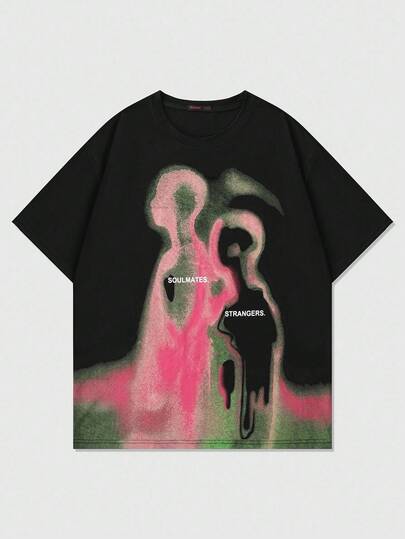 Street Life Plus Size Vintage Street Silhouette Thermal Imaging Human Figure Print Short Sleeve T-Shirt, Summer