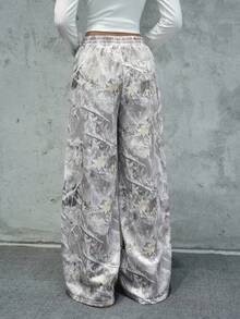 SHEIN Teen Girls Green Leaf Print Waistband Contrast Trim Loose Pants, Casual, Unisex, Outdoor Fall Winter