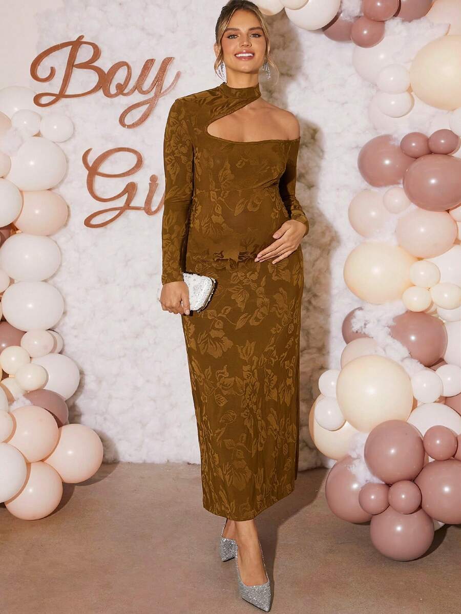 Loomaby Maternity Oblique Shoulder Stand Collar Long Sleeve Jacquard Fitted Elegant Dress Long Brown Dress Brown Wedding Guest Dress Earth Tone Dress Brown Maternity Dress Cutout Dress  Dress Gender Reveal Dress Maternity Dress Baby Shower Dress - Olive Green - View 1