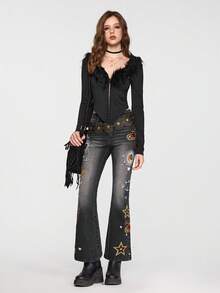 ROMWE EDITION Women's Halloween Moon & Star Embroidered Mysterious Denim Jeans - Black - View 7