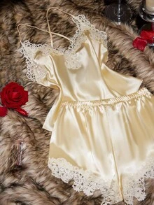 SilkySpell Lace Trim V-Neck Backless Faux Silk Women Camisole & Shorts Pajama Set Lace Pajama Set Babydoll Pajama Set Satin Sleepwear Set Satin Pj Set Lingerie Sleep Set