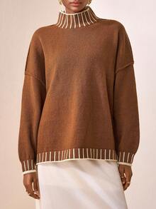 Zivah 秋冬灯笼袖毛衣，厚款半高领休闲宽松撞色套头衫 - 棕色 - 查看 8