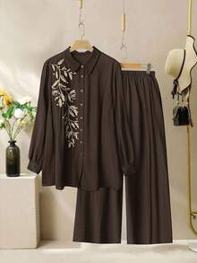 Modelyn Plus Size Plant Embroidery Shirt And Pants 2 Pieces Set - Coffee Brown - View 1