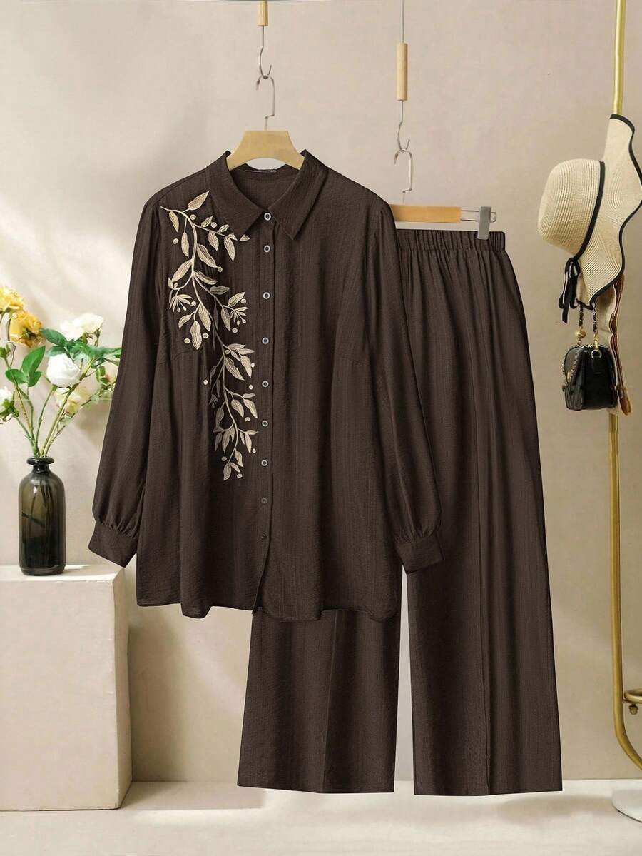Modelyn Plus Size Plant Embroidery Shirt And Pants 2 Pieces Set - Coffee Brown - View 1