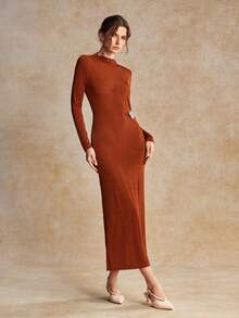 House of One High Neck Ruched Solid Knit Long Dress With Metal Buckle Women Autumn Elegant Casual Dress