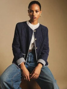 Poéselle 女式格子袖口圆领单排扣休闲冬季夹克