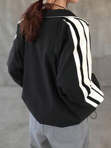 FRIFUL Women's Stand Collar Loose Side Ribbon Decor Loose Hem Cropped Casual Street Goth Jacket