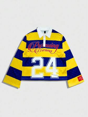 Street Life Men's Printed Long Sleeve Striped Polo Collar T-Shirt, Casual College Style Top, For Fall