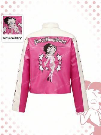 Betty Boop | ROMWE Y2K Cartoon Figure Graphic Embroidered Sweet & Cool Motorcycle Biker Chic PU Patchwork Racing Jacket For Women