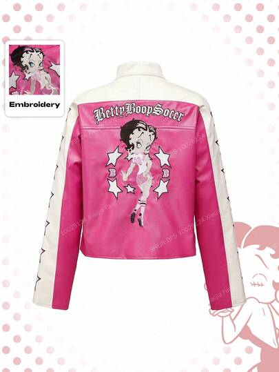 Betty Boop | ROMWE Y2K Cartoon Figure Graphic Embroidered Sweet & Cool Motorcycle Biker Chic PU Patchwork Racing Jacket For Women
