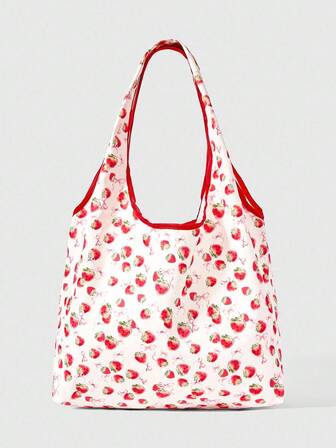 Kawaii 1 pezzo Borsa a spalla da donna di grande capacità, alla moda, con stampa di fragole rosse 1585156
