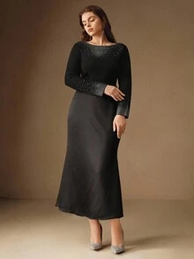 Anewsta Elegant Luxury Formal Chic Black Plus Size Rhinestone Embellished Off Shoulder Wool Sweater, Suitable For Fall/Winter, Christmas, New Year, Party - Black - View 5