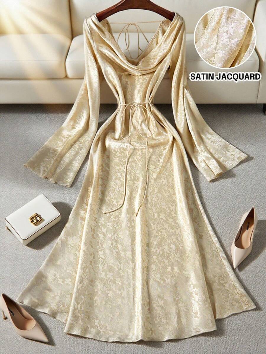 Franclia Elegant & Fashionable Young Women's Minimalist Draped Neck Fitted Flare Sleeve Color Jacquard Pattern Dress, Versatile For Spring & Autumn Gold Dress Women Elegant Dress Women Satin Jacquard Dress Luxury Dress Women Vintage Style Dress Fall Cloth For Women