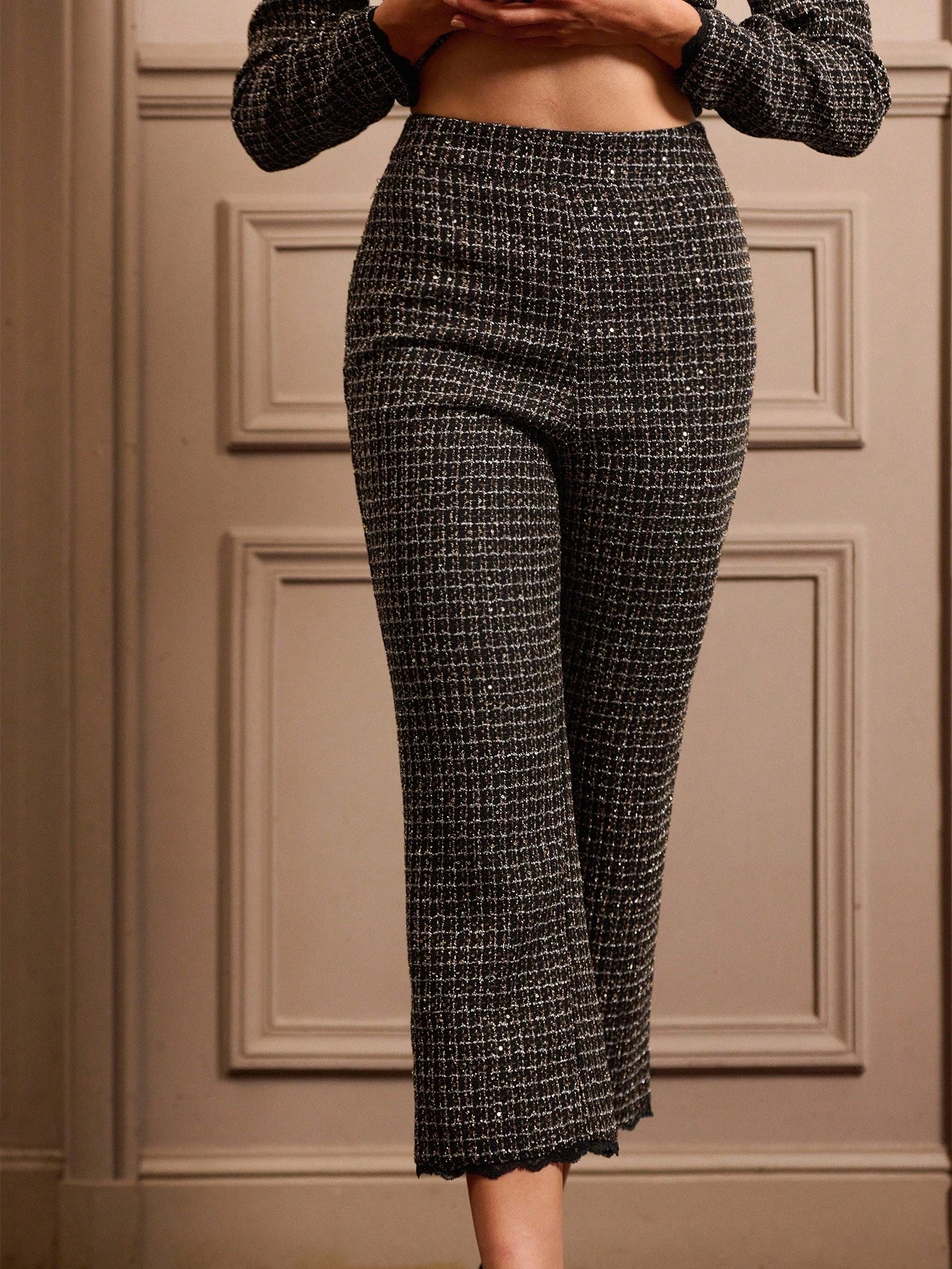Calças Alfaiatadas de Tweed Metálico Preto com Bainha de Renda, Roupas Femininas de Outono e Inverno
