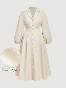 SHEIN MOD Plus Size Women's Elegant Beige Lapel Collar Waist Cinched Long Shirt Dress,White Autumn Sequin Western Picnic Graceful Collegiate Button-Down Outfit - Apricot - View 2