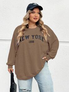 SHEIN CURVE+ 秋冬大码休闲宽松纽约图案圆领长袖女式运动衫 - 棕色 - 查看 5