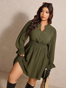 Elaquor Plus Size Women's Solid Color Hollow Shirred Long Sleeve Drawstring Waist Casual Dress