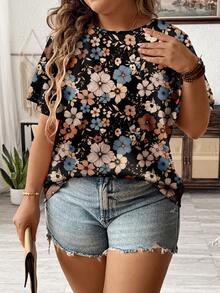 EMERY ROSE Casual Floral Pattern Loose Fit Round Neck Short Sleeve T-Shirt, Plus Size, Suitable For Summer - Multicolor - View 6