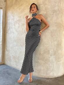 Aloruh 波尔卡圆点图案优雅性感金属扣装饰镂空修身黑色针织弹力女式连衣裙 - 黑色 - 查看 5