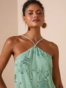Travachic 女士性感露背系带亮片串珠装饰夏季海滩度假连衣裙 - 綠色 - 查看 6