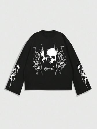 Street Life Herren lässiges, locker geschnittenes Langarm-T-Shirt mit Totenkopf-Muster, Rundhalsausschnitt, für den Herbst