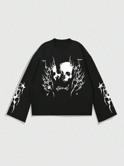 Street Life T-shirt à manches longues col rond, coupe ample, imprimé crâne, style décontracté pour homme, automne