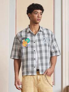 SWAVVY Men's Plaid Numeral Print Short Sleeve Single-Breasted Casual Shirt