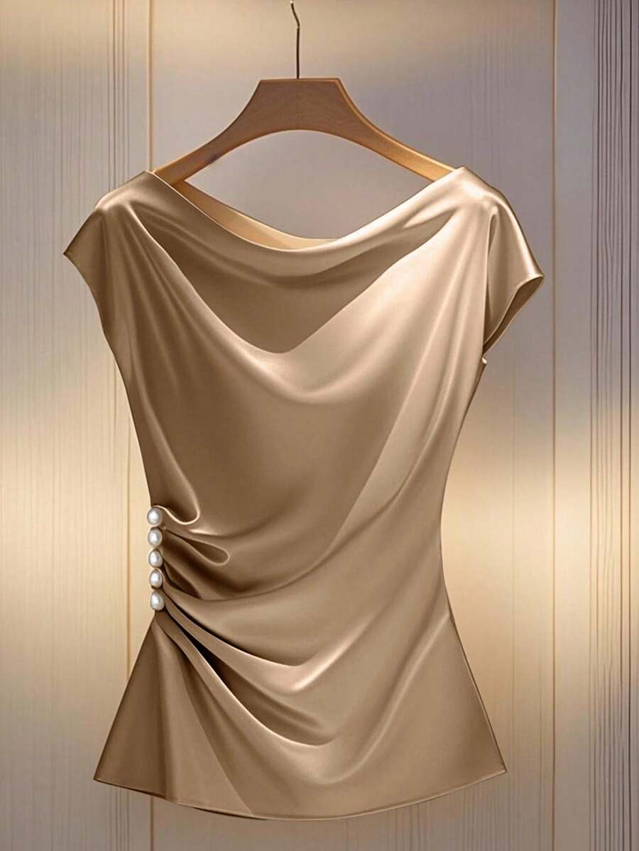 Franclia Women's Elegant Pleated Pearl Button Short Sleeve Ruffle Collar Fitted Blouse - Brown - View 1