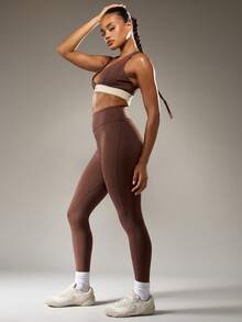 MISSGUIDED Mallas deportivas de cintura alta para mujer, sin costuras, para entrenamiento, yoga, running y gimnasio, con detalles reflectantes - Café integral - Ver 3