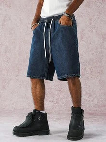 Manfinity Hypemode Casual Dark Wash Straight Elastic Waist Stripe Denim Shorts, Spring/Summer - Dark Wash - View 4